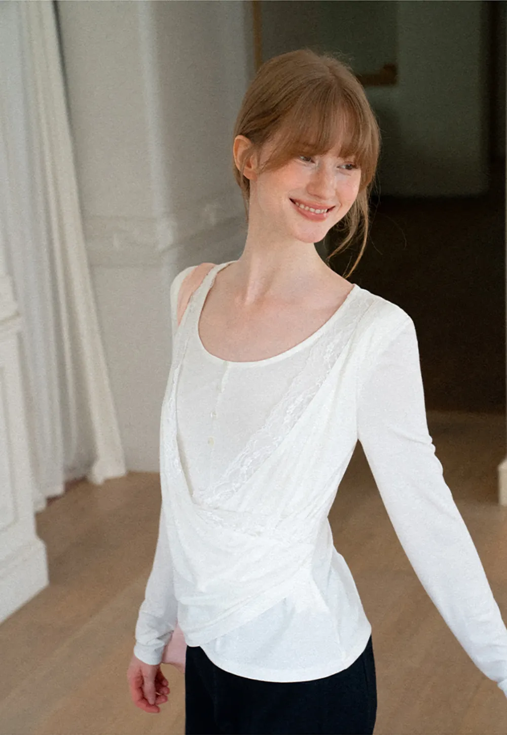 Lace Trim Draped Sleeve Button Front Top