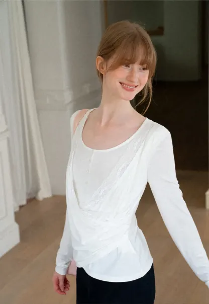 Lace Trim Draped Sleeve Button Front Top