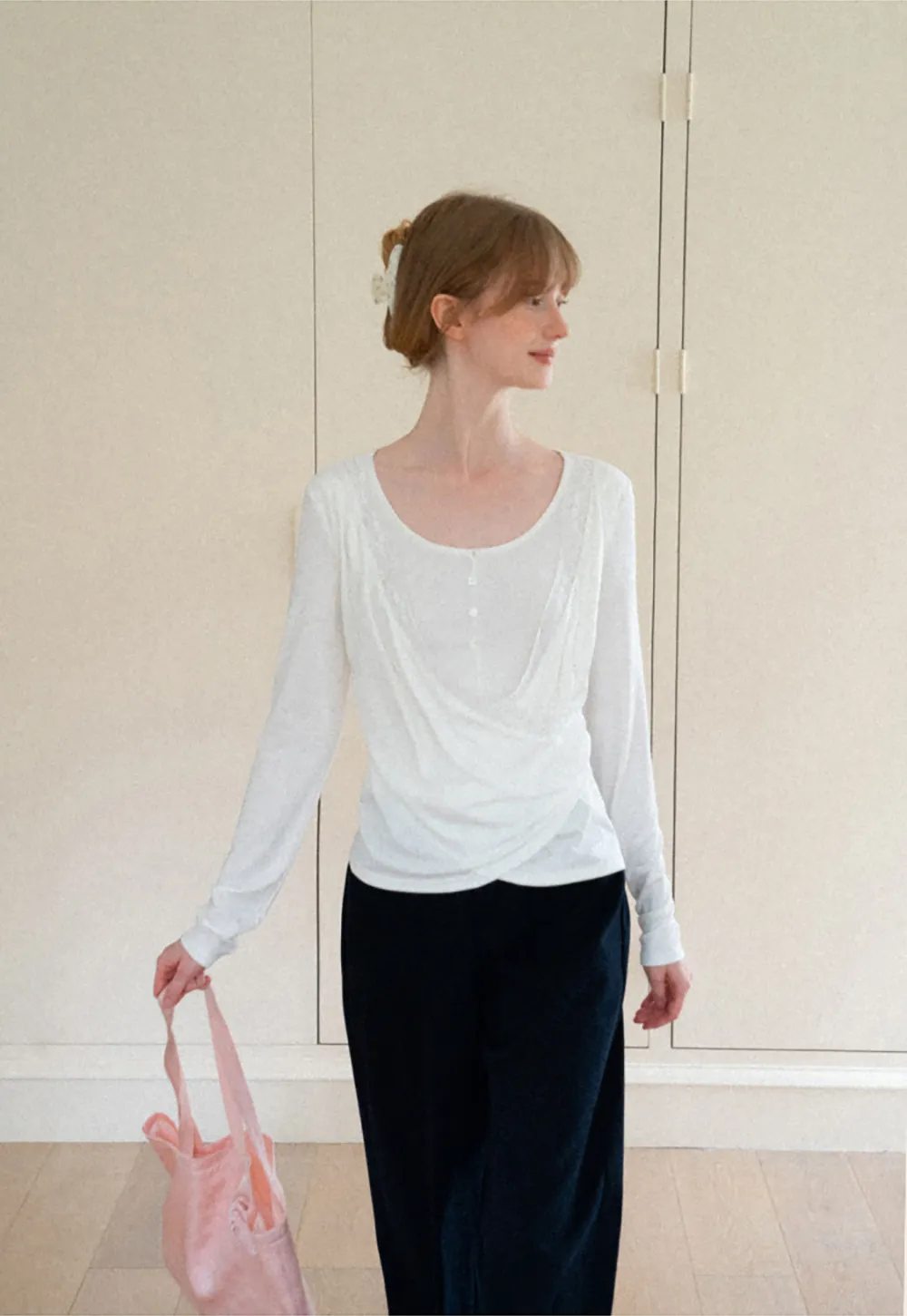Lace Trim Draped Sleeve Button Front Top
