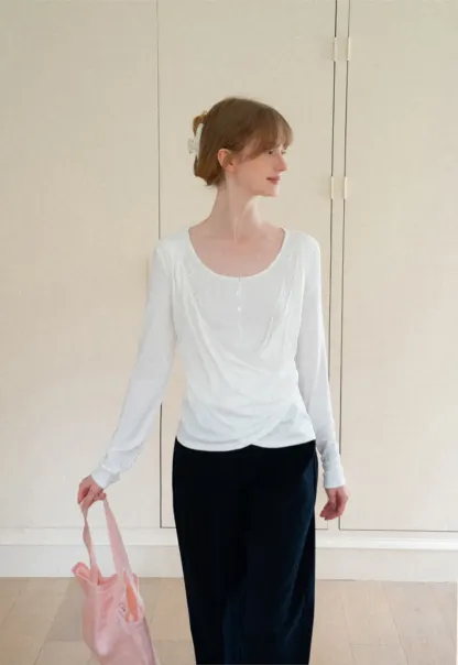 Lace Trim Draped Sleeve Button Front Top