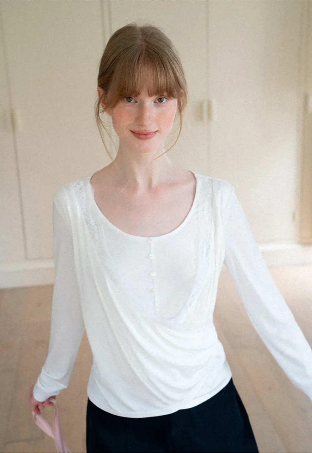 Lace Trim Draped Sleeve Button Front Top