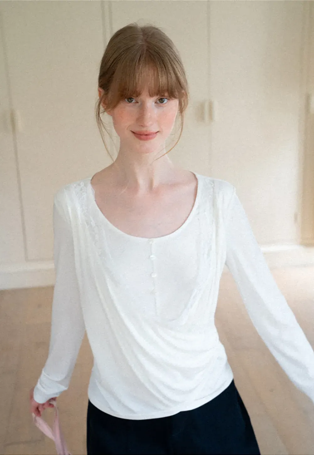 Lace Trim Draped Sleeve Button Front Top