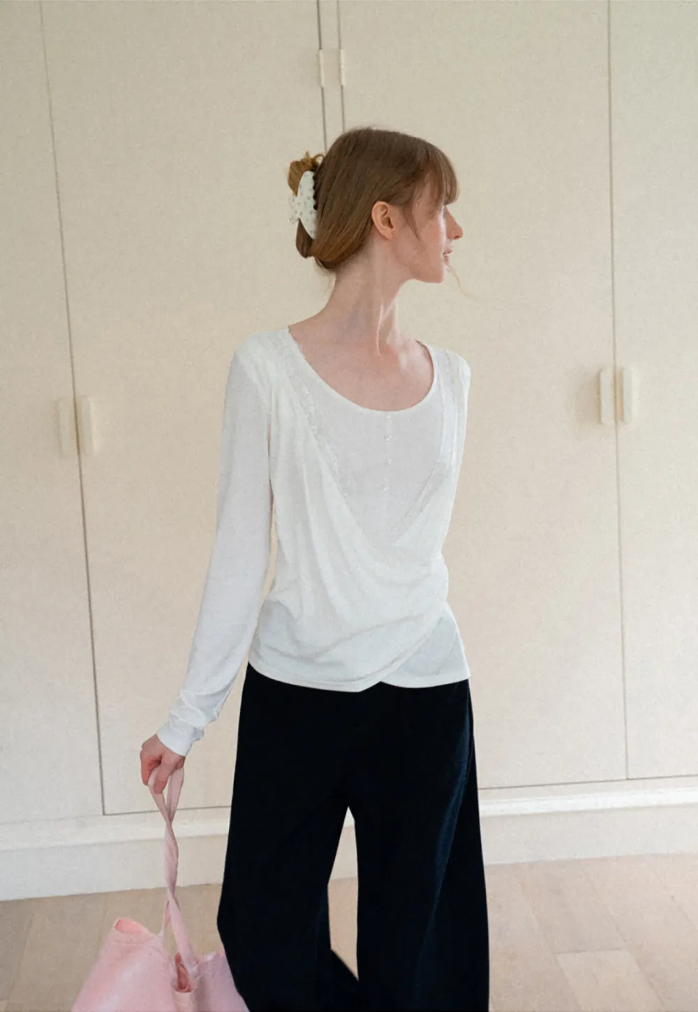 Lace Trim Draped Sleeve Button Front Top