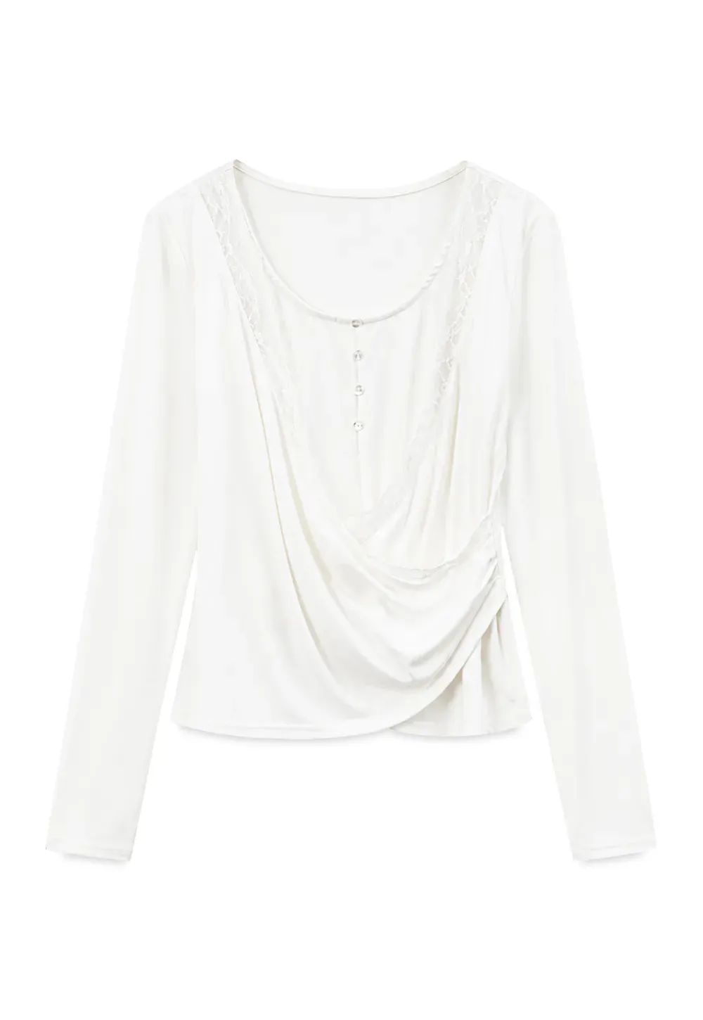 Lace Trim Draped Sleeve Button Front Top