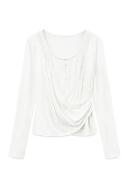 Lace Trim Draped Sleeve Button Front Top