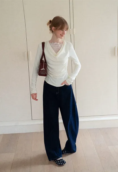 Lace Trim V Neck Long Sleeve Knit Top