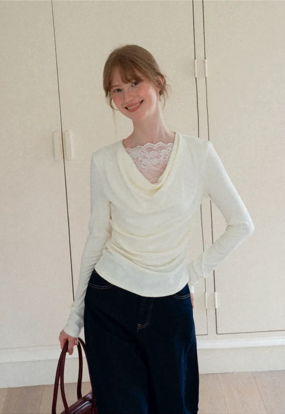 Lace Trim V Neck Long Sleeve Knit Top