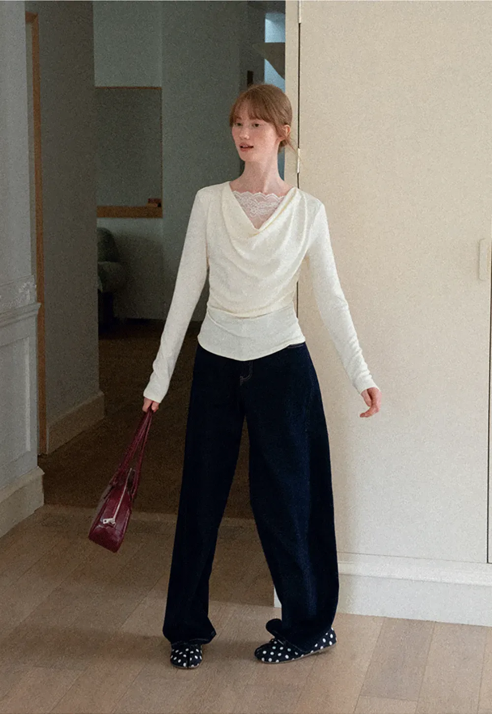 Lace Trim V Neck Long Sleeve Knit Top