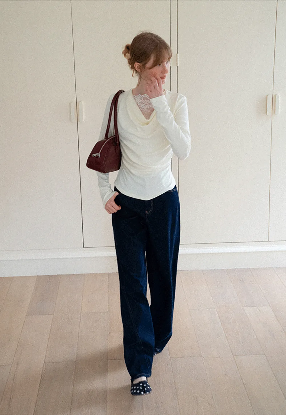 Lace Trim V Neck Long Sleeve Knit Top
