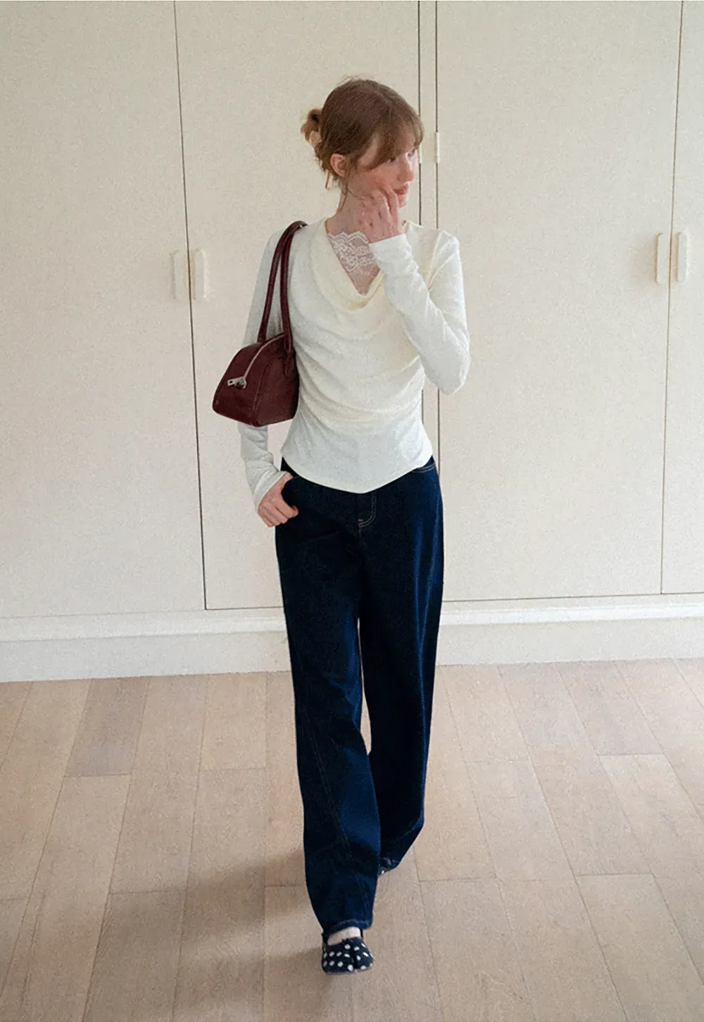 Lace Trim V Neck Long Sleeve Knit Top