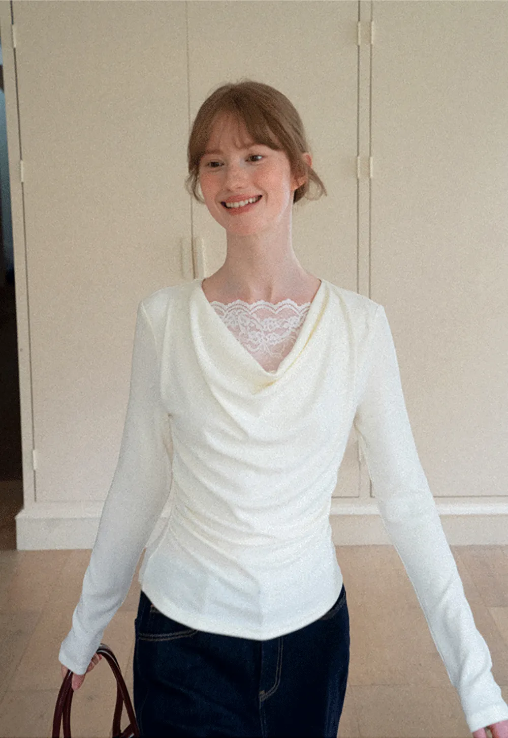 Lace Trim V Neck Long Sleeve Knit Top