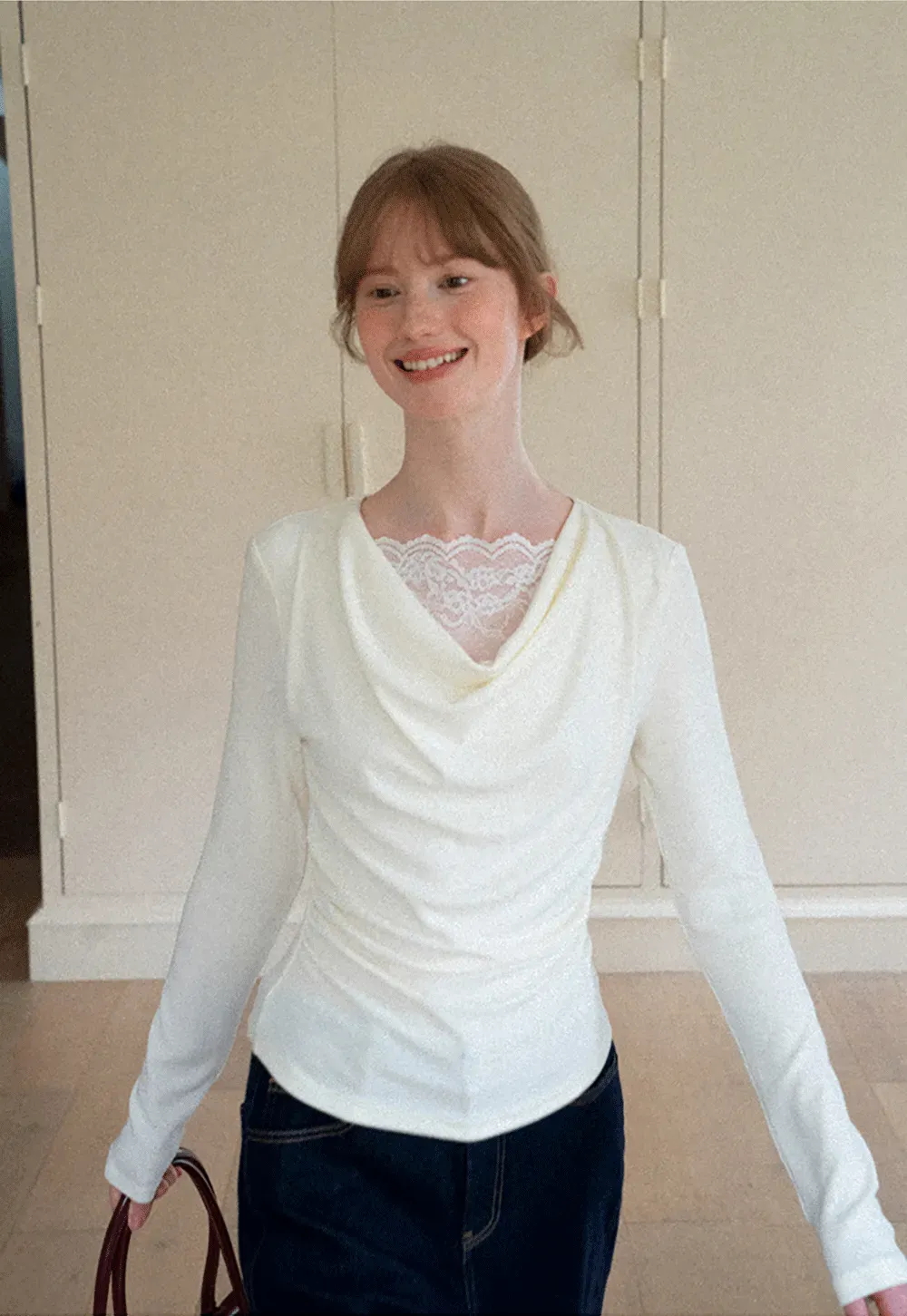 Lace Trim V Neck Long Sleeve Knit Top