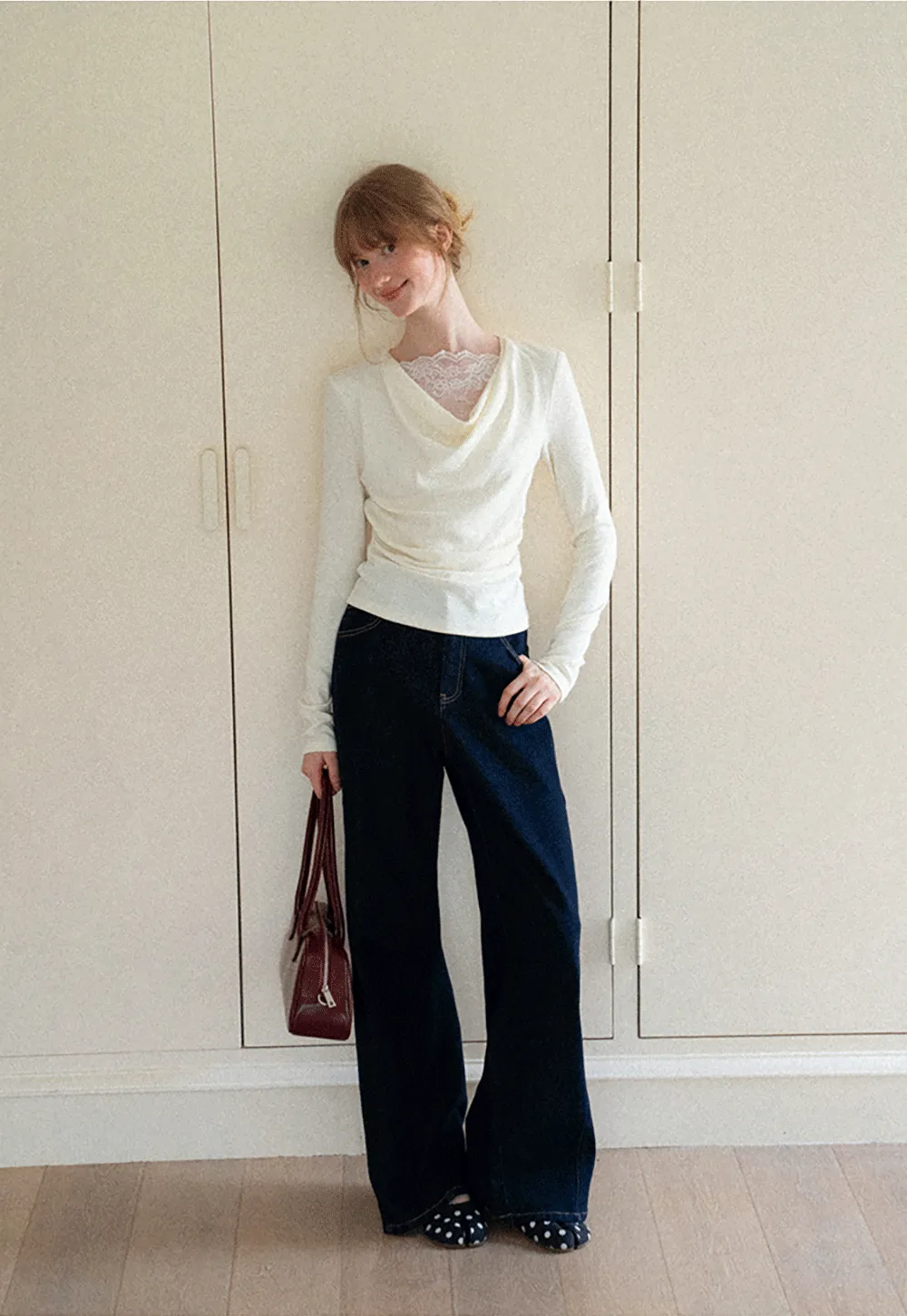 Lace Trim V Neck Long Sleeve Knit Top