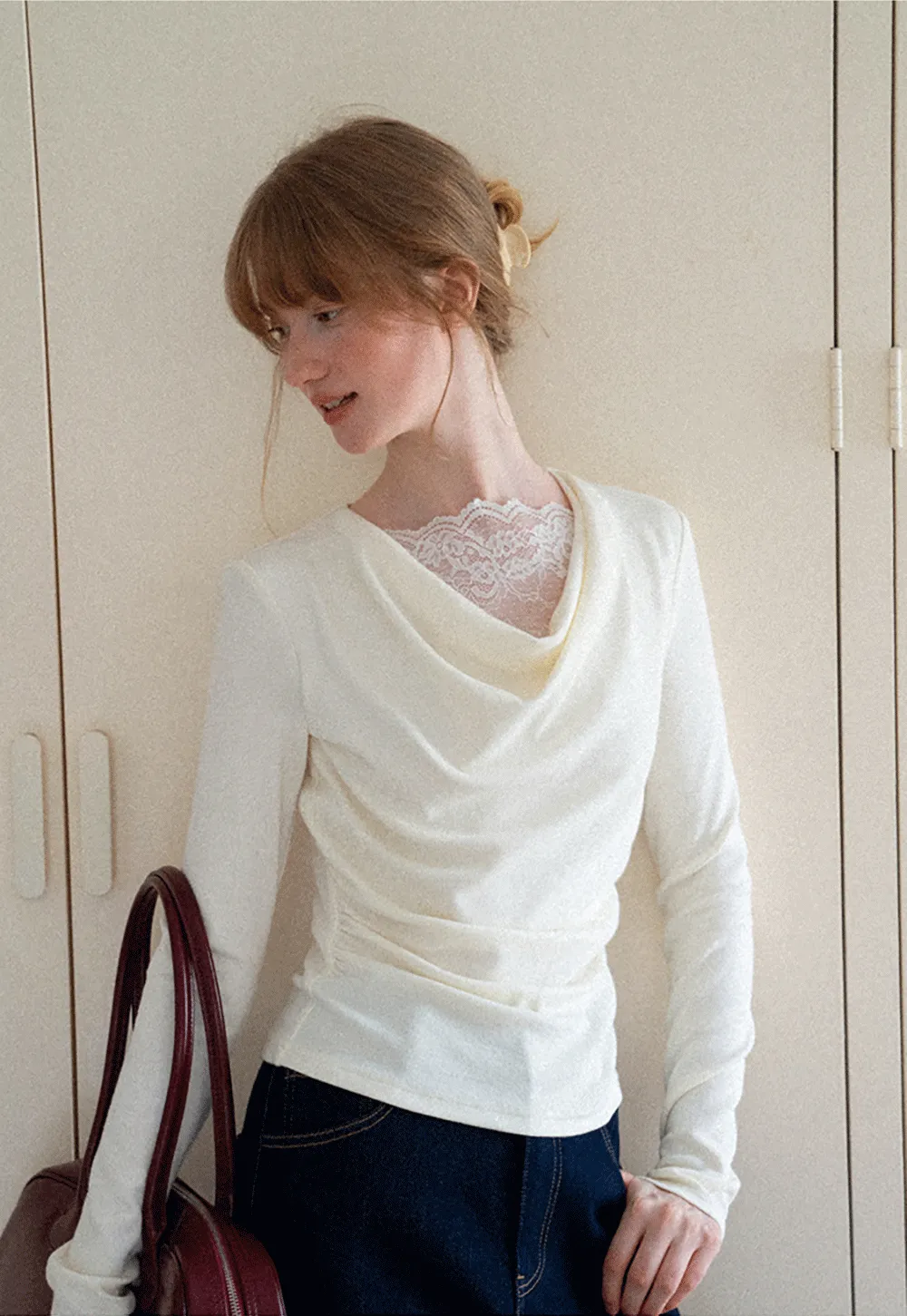 Lace Trim V Neck Long Sleeve Knit Top