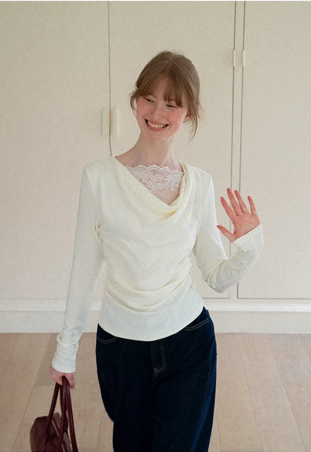 Lace Trim V Neck Long Sleeve Knit Top