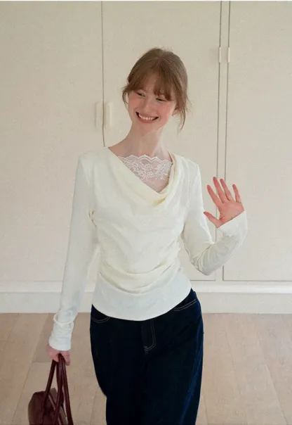 Lace Trim V Neck Long Sleeve Knit Top