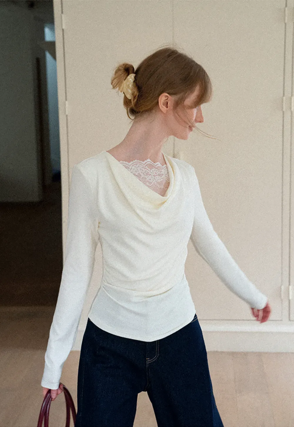 Lace Trim V Neck Long Sleeve Knit Top