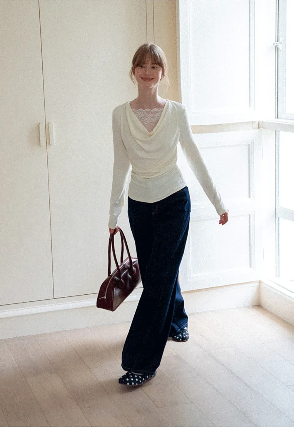 Lace Trim V Neck Long Sleeve Knit Top