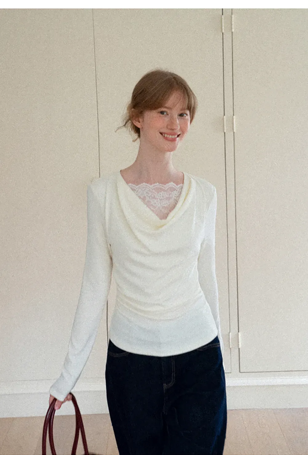 Lace Trim V Neck Long Sleeve Knit Top