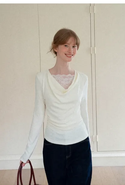 Lace Trim V Neck Long Sleeve Knit Top
