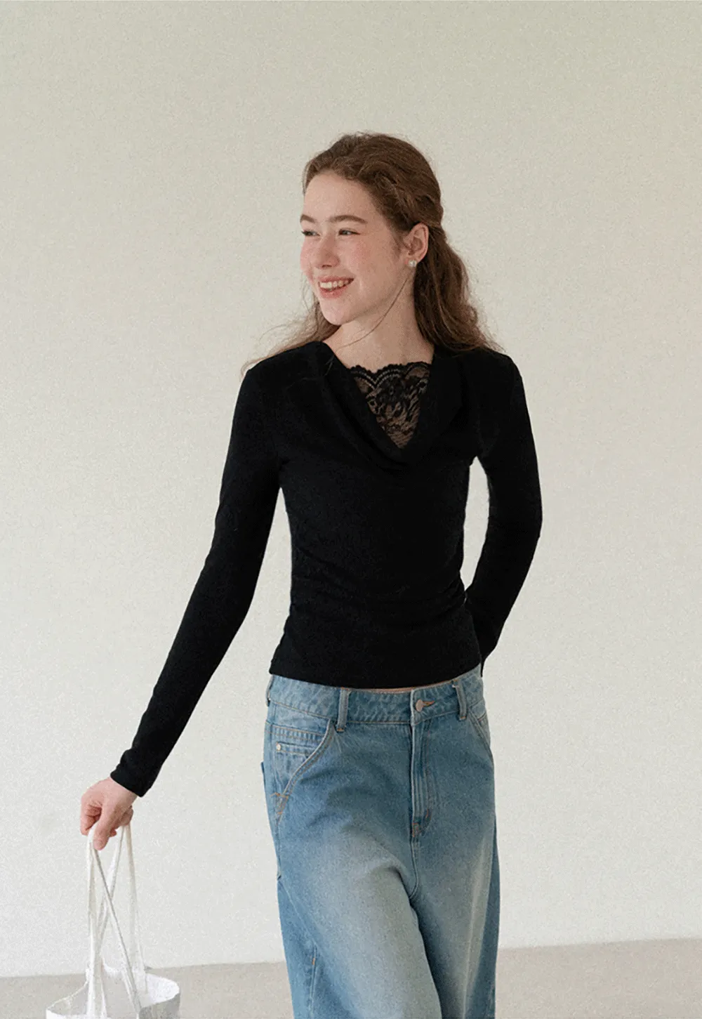 Lace Trim V Neck Long Sleeve Knit Top