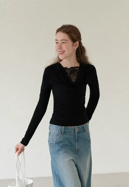 Lace Trim V Neck Long Sleeve Knit Top