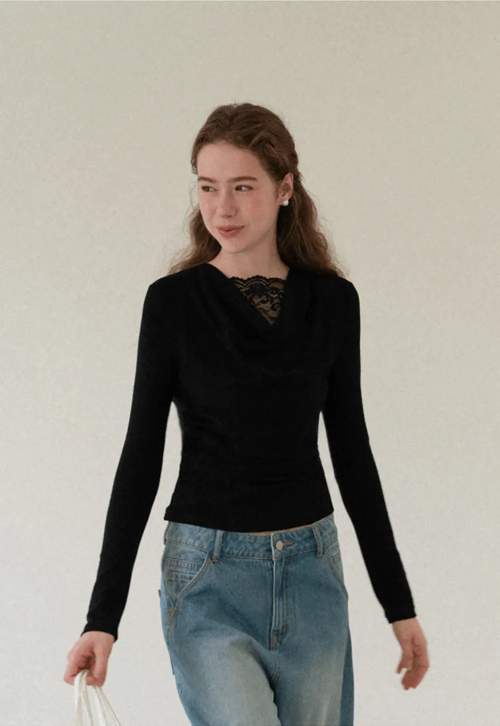 Lace Trim V Neck Long Sleeve Knit Top