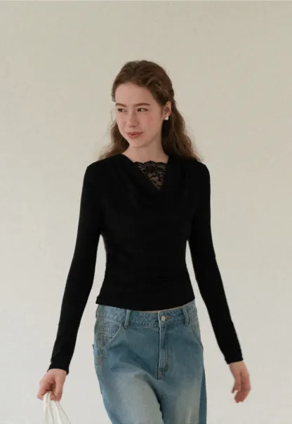 Lace Trim V Neck Long Sleeve Knit Top