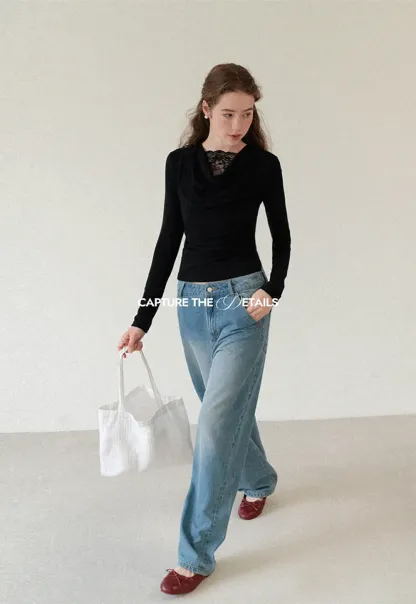 Lace Trim V Neck Long Sleeve Knit Top