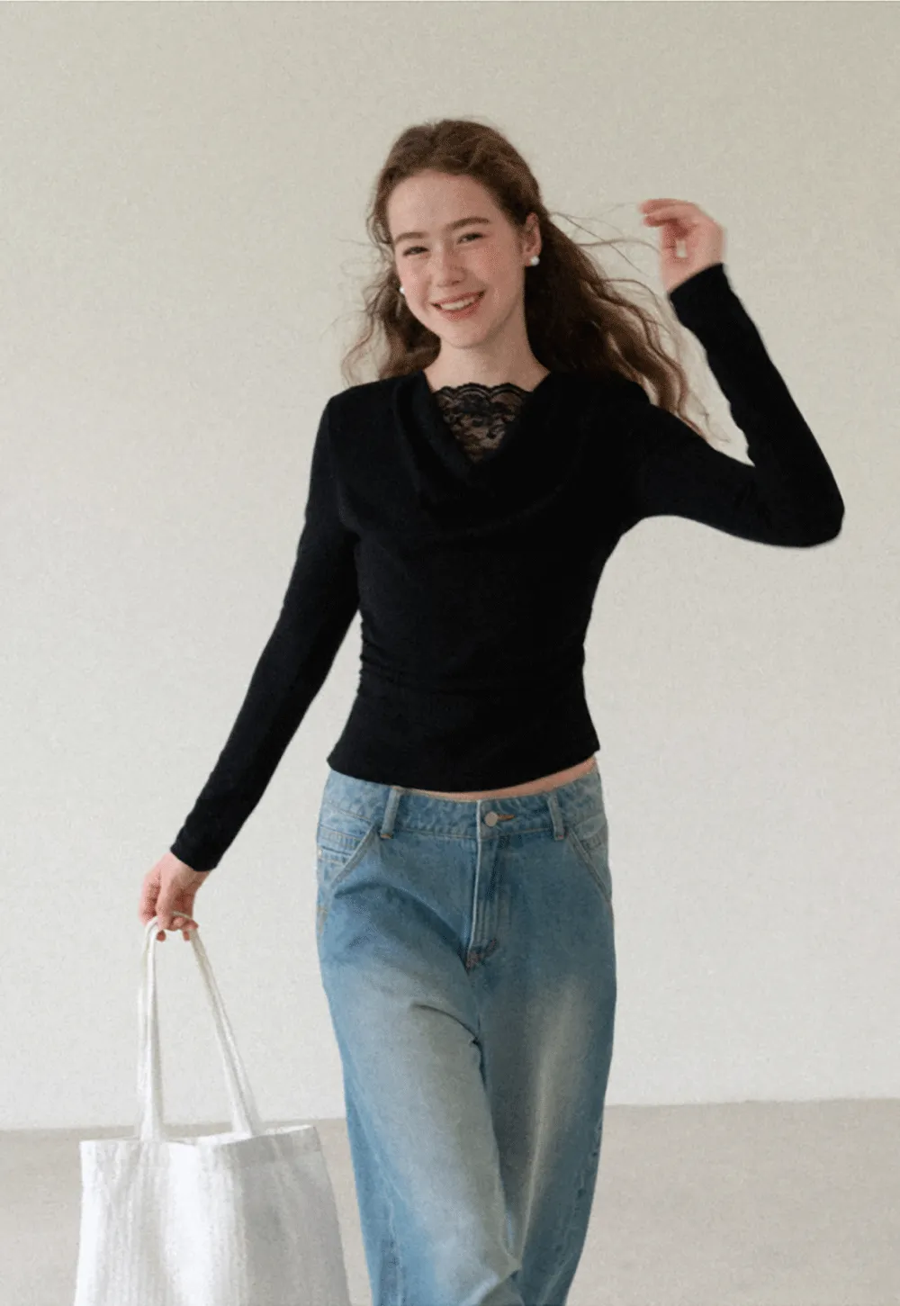 Lace Trim V Neck Long Sleeve Knit Top