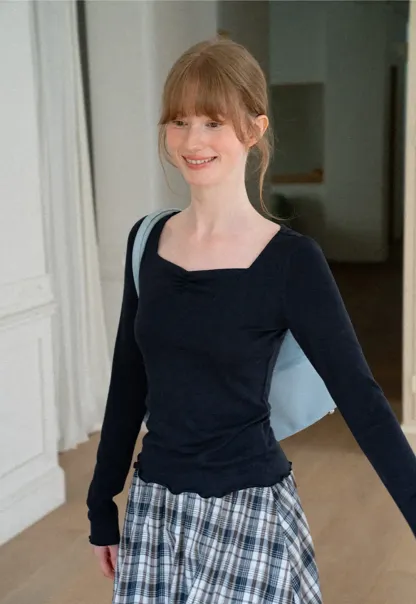 Square Neck Long Sleeve Knit Top