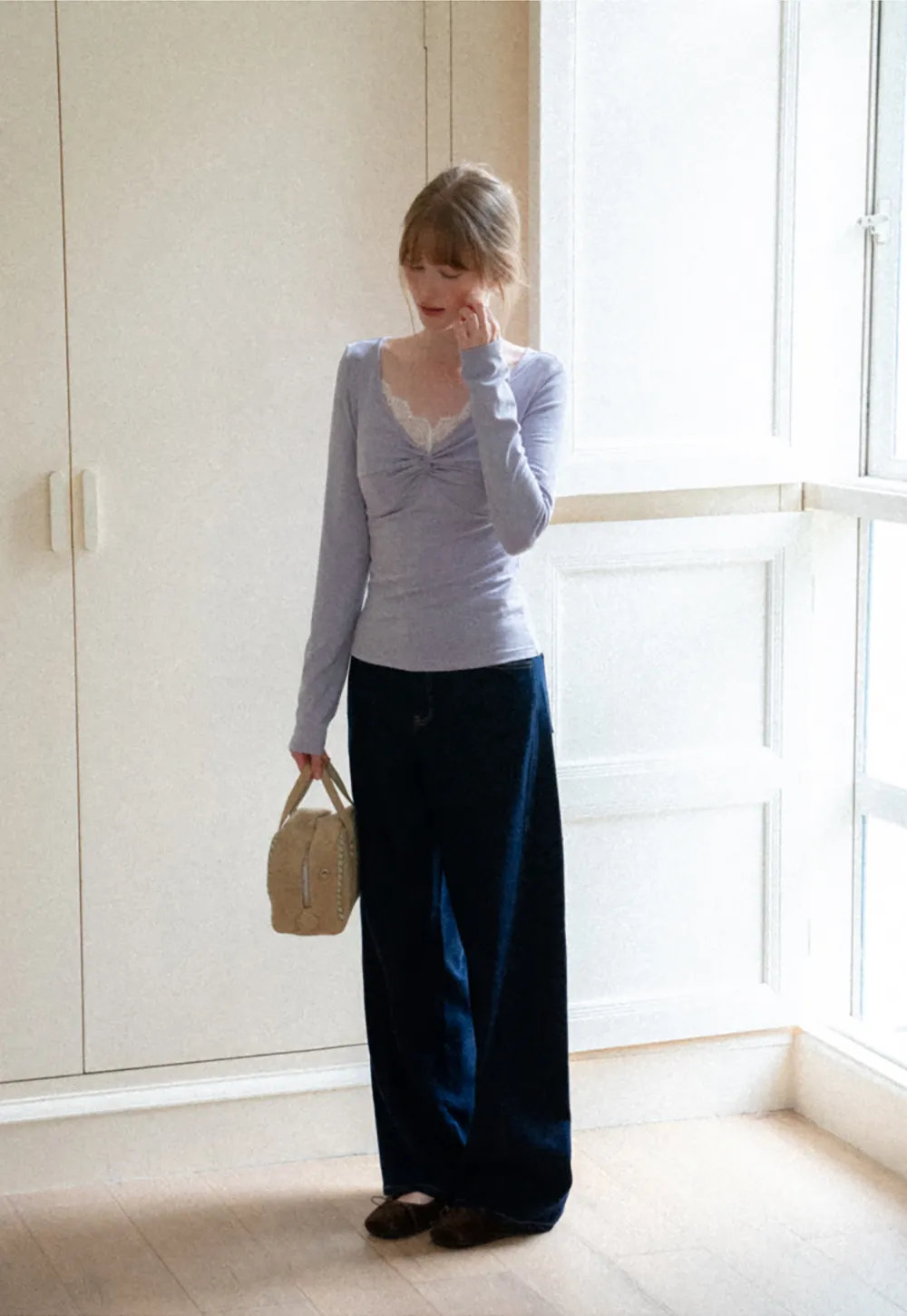 Lace Trim V Neck Twist Front Long Sleeve Top