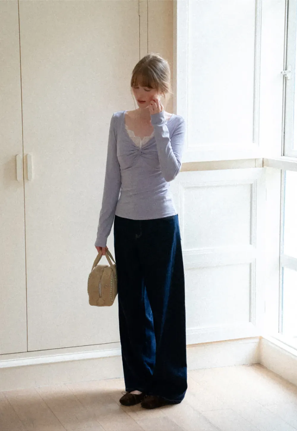 Lace Trim V Neck Twist Front Long Sleeve Top