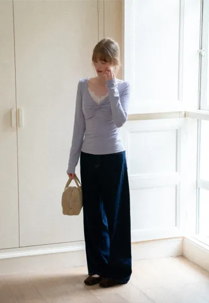 Lace Trim V Neck Twist Front Long Sleeve Top
