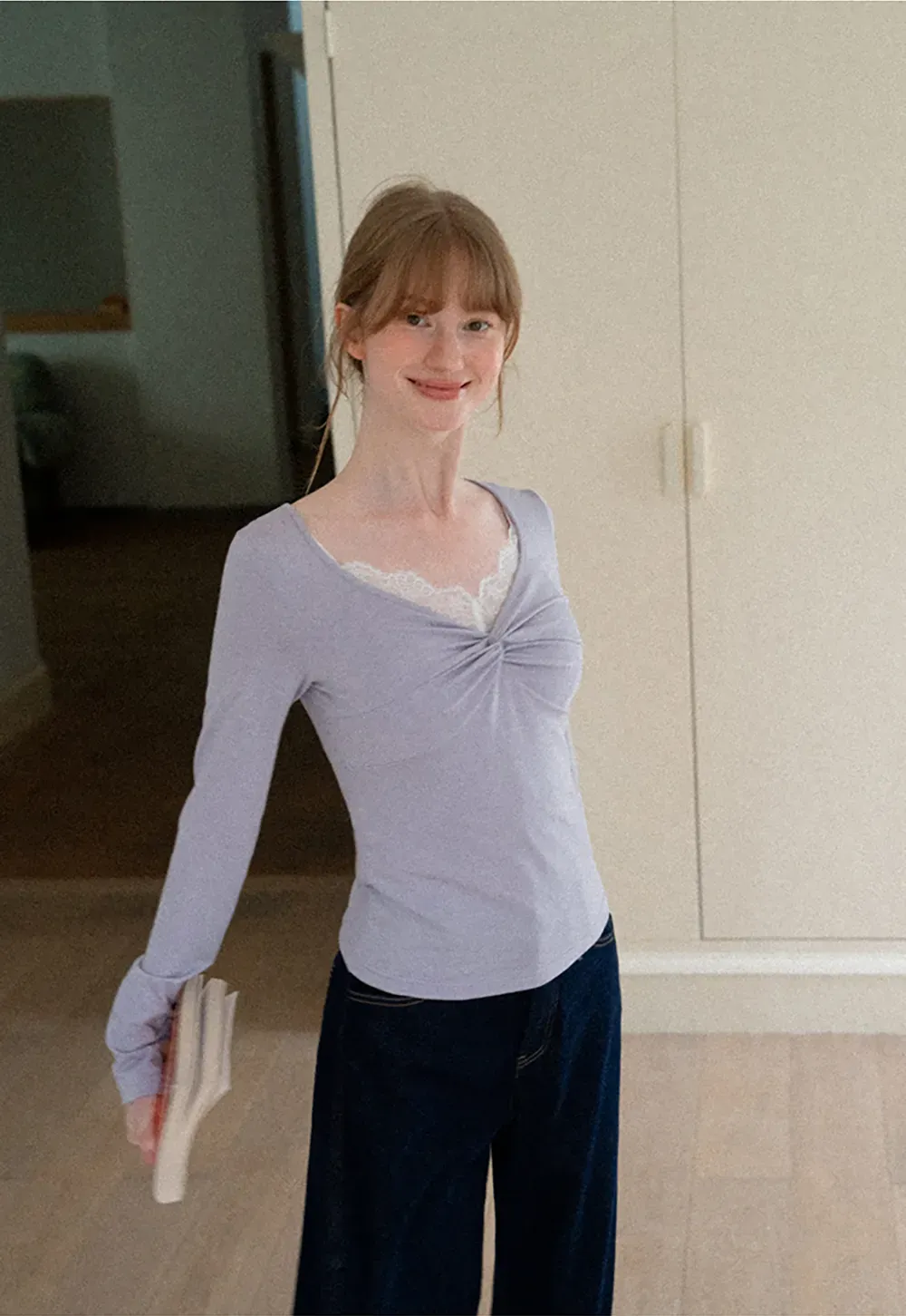 Lace Trim V Neck Twist Front Long Sleeve Top