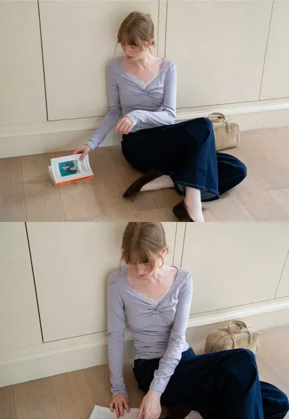 Lace Trim V Neck Twist Front Long Sleeve Top