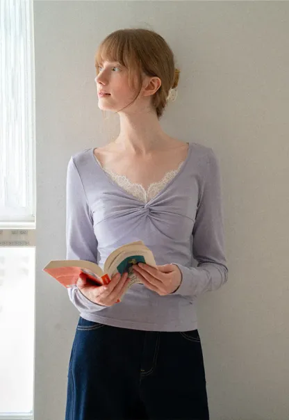 Lace Trim V Neck Twist Front Long Sleeve Top