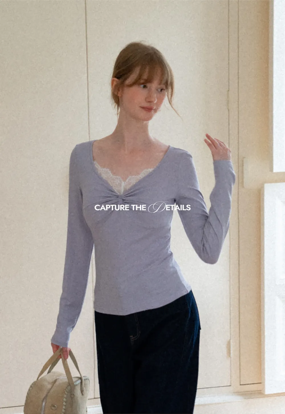 Lace Trim V Neck Twist Front Long Sleeve Top