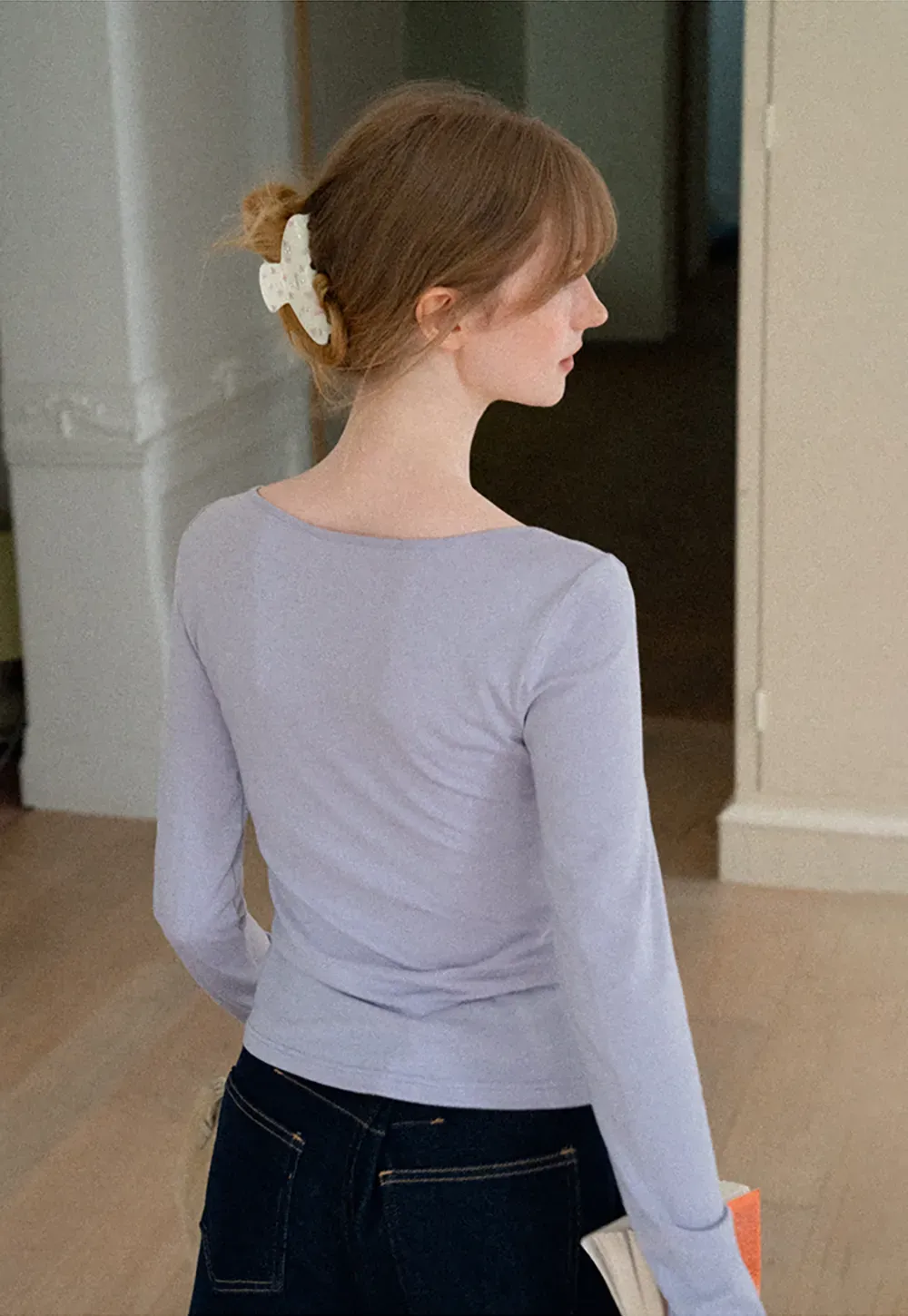Lace Trim V Neck Twist Front Long Sleeve Top