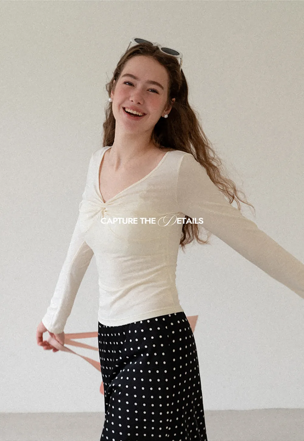 Lace Trim V Neck Twist Front Long Sleeve Top