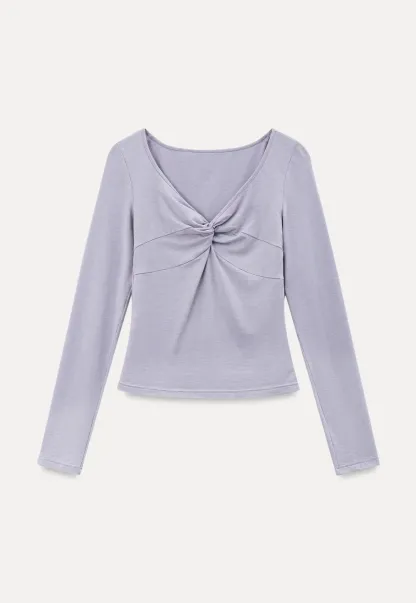 Lace Trim V Neck Twist Front Long Sleeve Top