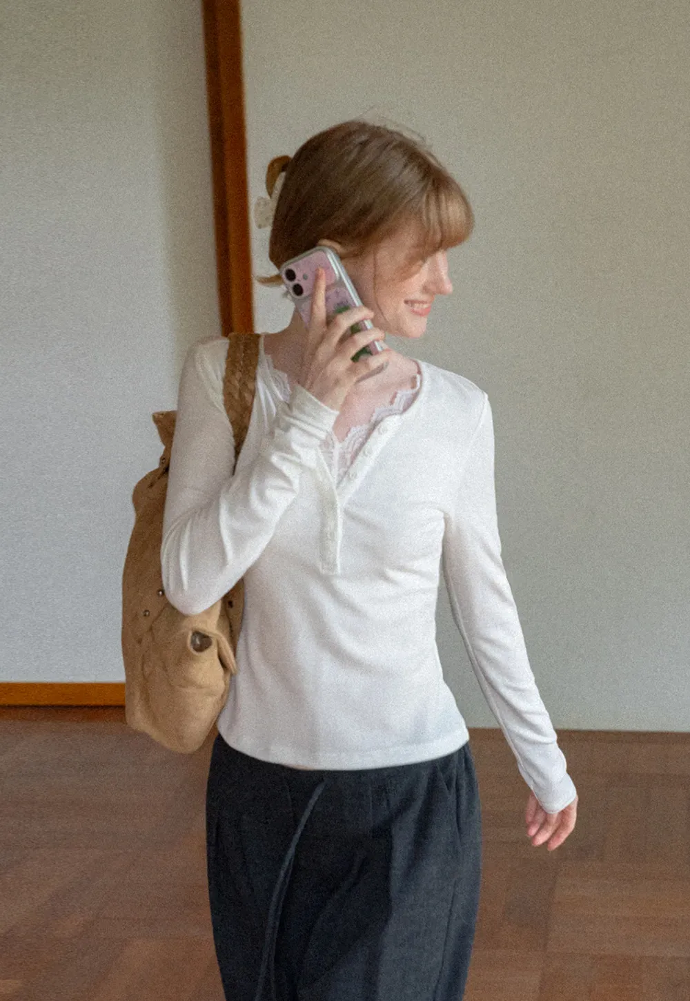 Lace Trim Henley Neck Long Sleeve T Shirt