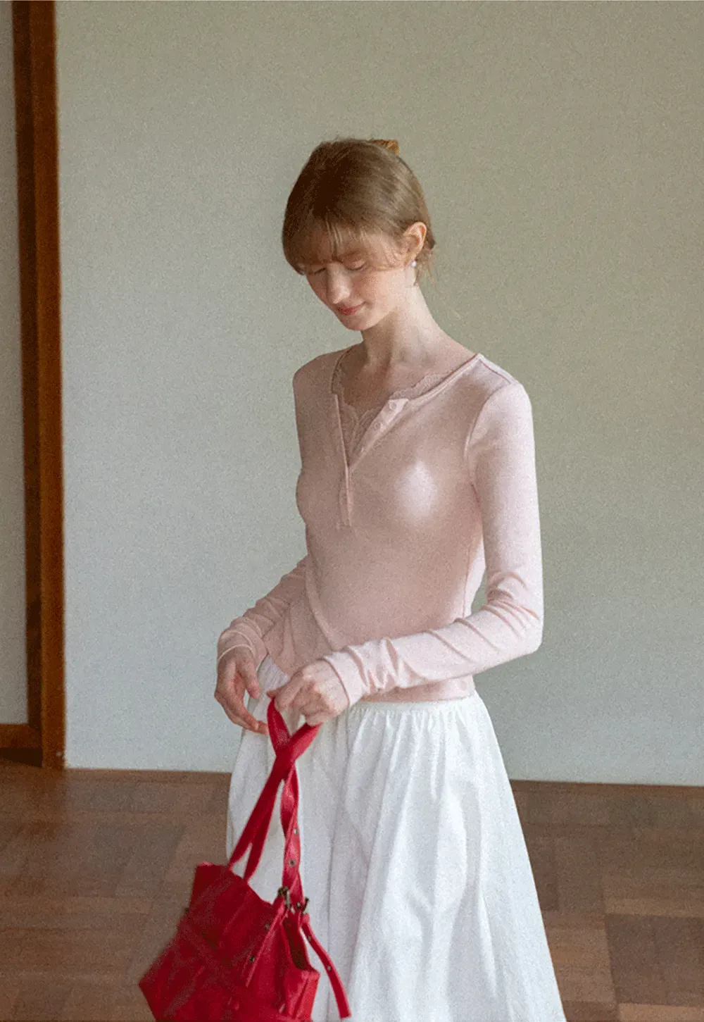 Lace Trim Henley Neck Long Sleeve T Shirt