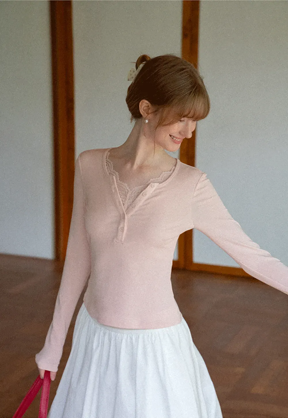 Lace Trim Henley Neck Long Sleeve T Shirt