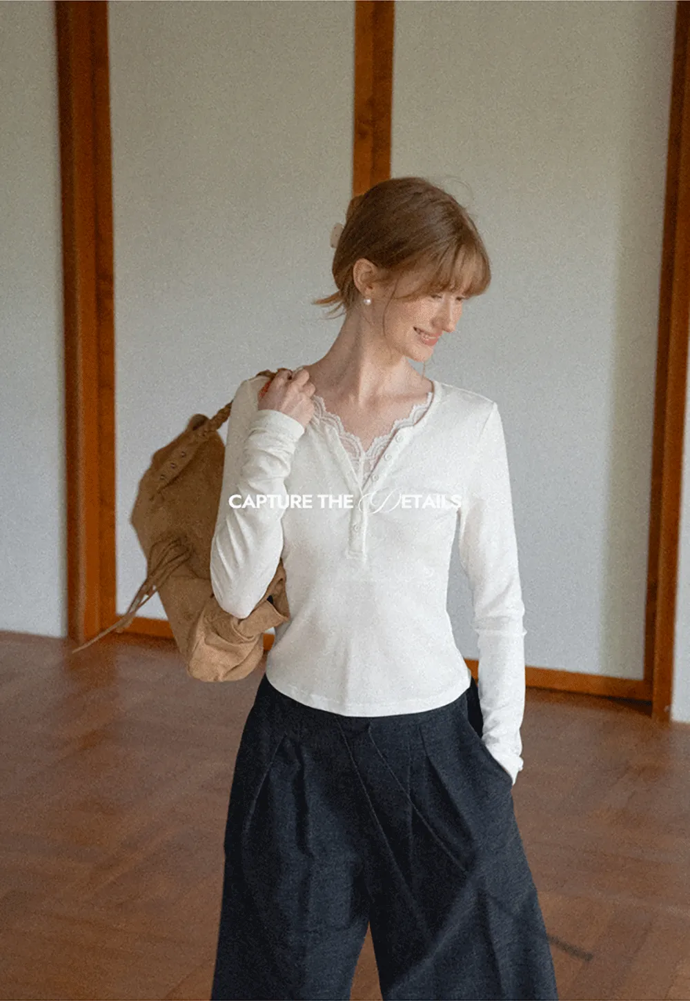 Lace Trim Henley Neck Long Sleeve T Shirt
