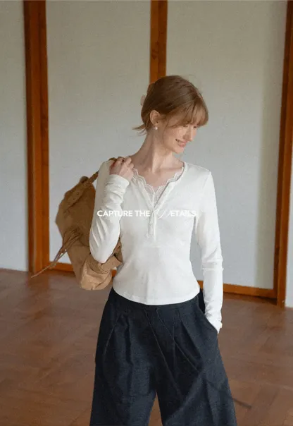 Lace Trim Henley Neck Long Sleeve T Shirt