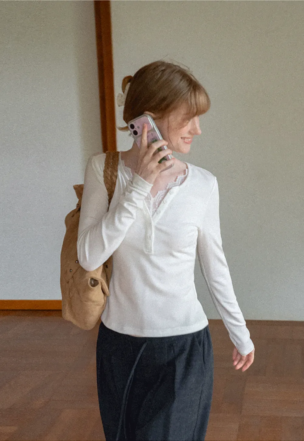 Lace Trim Henley Neck Long Sleeve T Shirt
