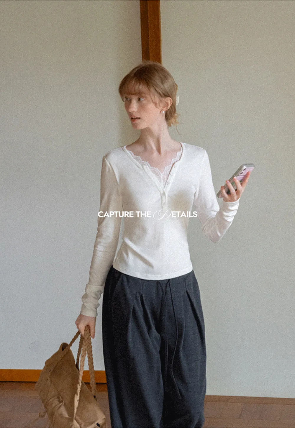 Lace Trim Henley Neck Long Sleeve T Shirt