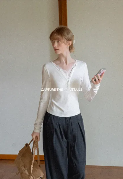 Lace Trim Henley Neck Long Sleeve T Shirt