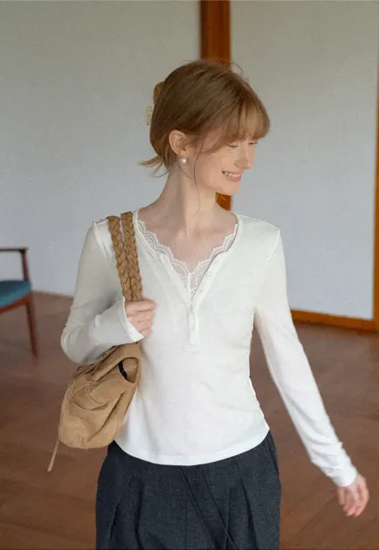 Lace Trim Henley Neck Long Sleeve T Shirt